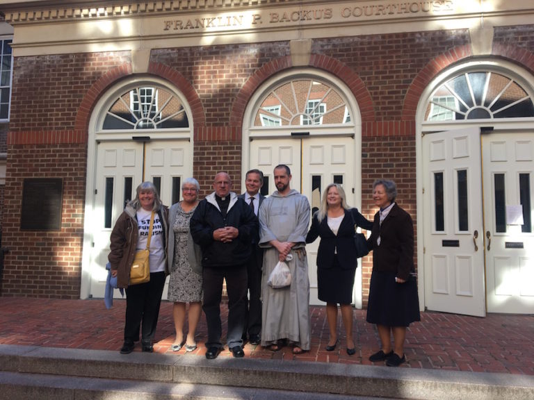 Joan Bell, Bonnie Borel, Fr Stephen, Fr Fidelis, Julia Haag, and Joan McKee leaving court after being found guilty in the Alexandria Red Rose Rescue. They were given no jail time with a suspended fine.